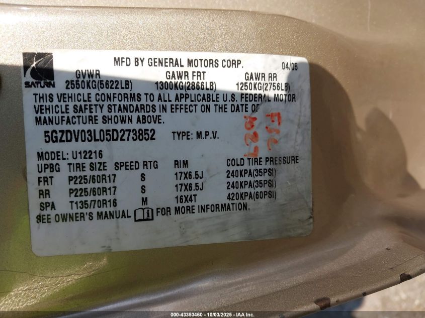 2005 Saturn Relay Fwd VIN: 5GZDV03L05D273852 Lot: 43353460