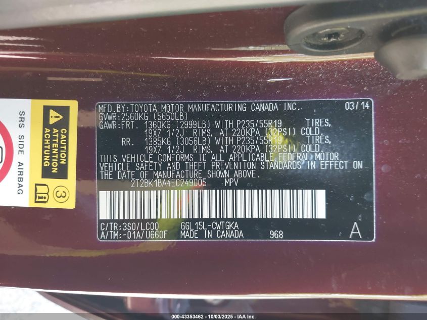 2014 Lexus Rx 350 VIN: 2T2BK1BA4EC249005 Lot: 43353462