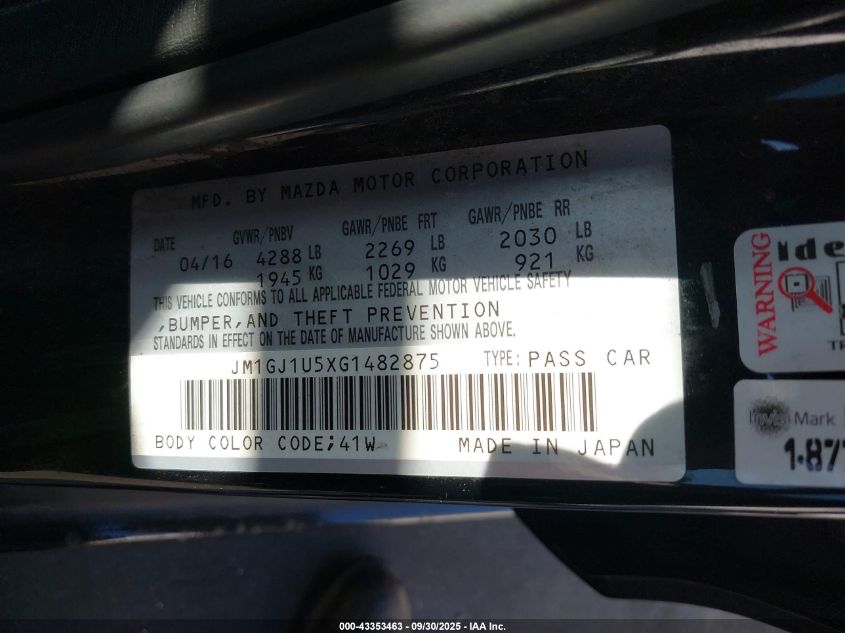 2016 Mazda Mazda6 I Sport VIN: JM1GJ1U5XG1482875 Lot: 43353463