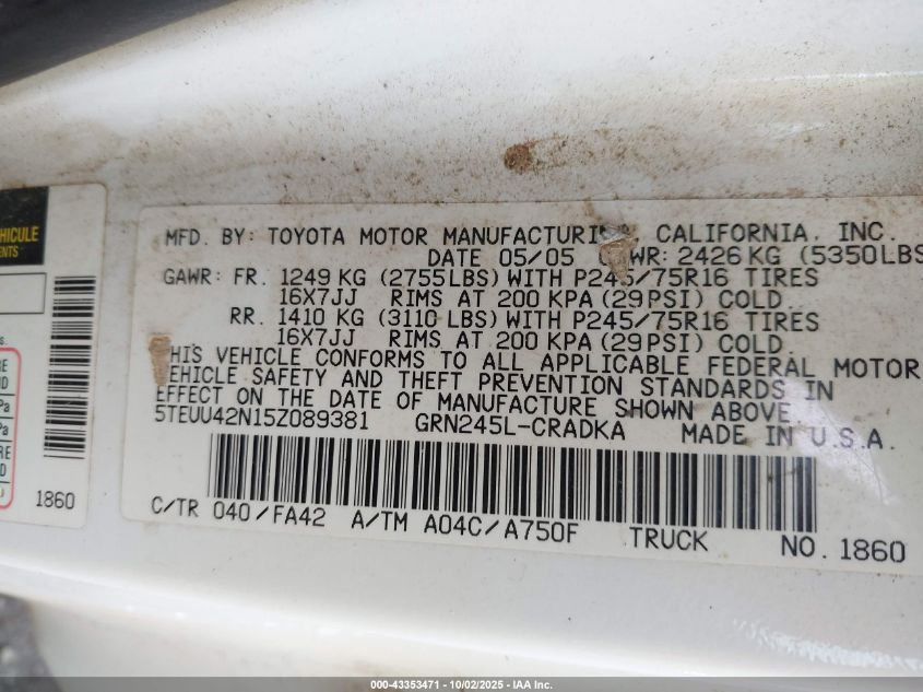 2005 Toyota Tacoma Base V6 VIN: 5TEUU42N15Z089381 Lot: 43353471