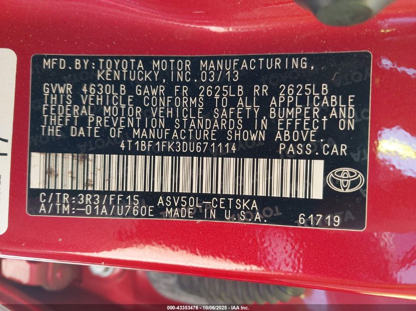 2013 Toyota Camry Se VIN: 4T1BF1FK3DU671114 Lot: 43353476