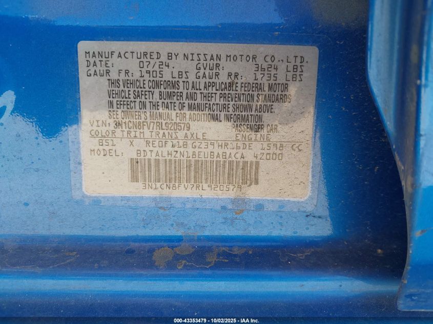 2024 Nissan Versa 1.6 Sr VIN: 3N1CN8FV7RL920579 Lot: 43353479
