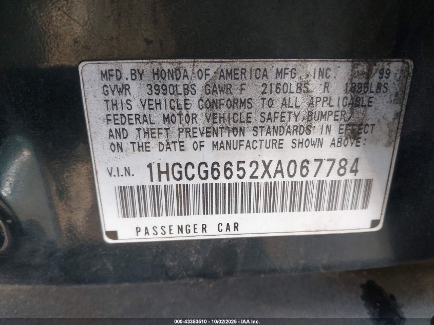 1999 Honda Accord Lx VIN: 1HGCG6652XA067784 Lot: 43353510