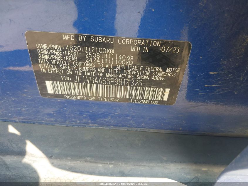 2023 Subaru Wrx VIN: JF1VBAA65P9814326 Lot: 43353516