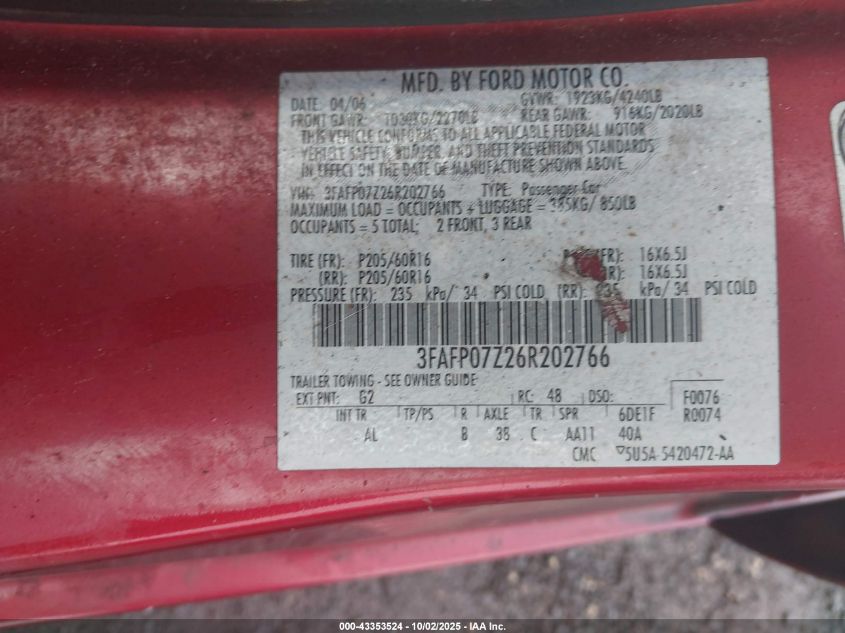 2006 Ford Fusion Se VIN: 3FAFP07Z26R202766 Lot: 43353524