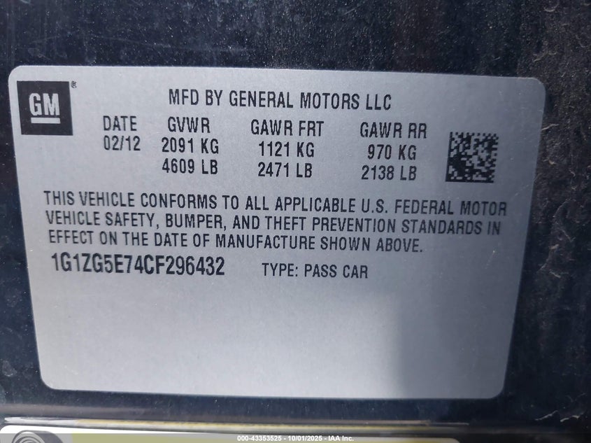 2012 Chevrolet Malibu 2Lz VIN: 1G1ZG5E74CF296432 Lot: 43353525