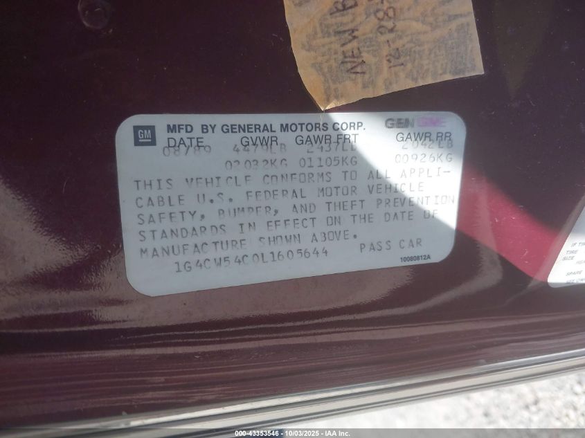 1990 Buick Electra Park Avenue VIN: 1G4CW54C0L1605644 Lot: 43353546