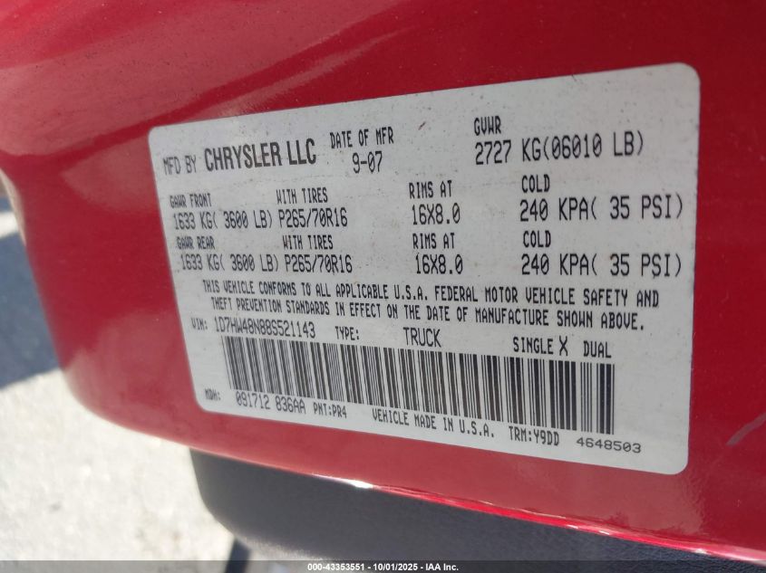 2008 Dodge Dakota Slt VIN: 1D7HW48N88S521143 Lot: 43353551