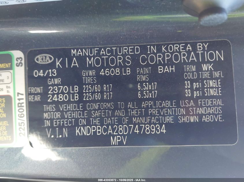 2013 Kia Sportage Lx VIN: KNDPBCA28D7478934 Lot: 43353572