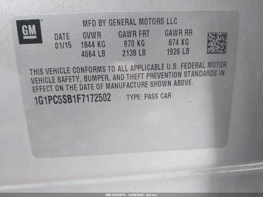 2015 Chevrolet Cruze 1Lt Auto VIN: 1G1PC5SB1F7172502 Lot: 43353575