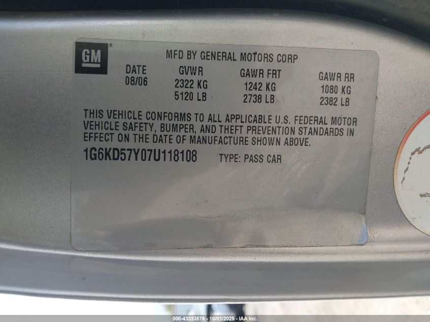 2007 Cadillac Dts Luxury Ii VIN: 1G6KD57Y07U118108 Lot: 43353576