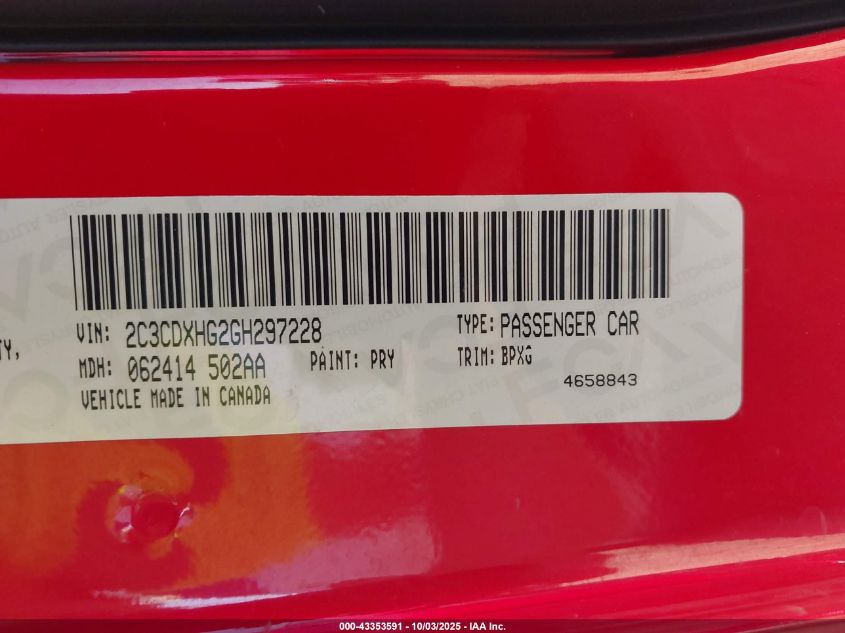 2016 Dodge Charger Sxt VIN: 2C3CDXHG2GH297228 Lot: 43353591