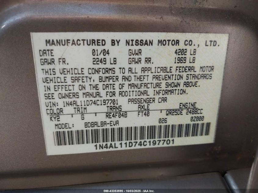 2004 Nissan Altima 2.5 Sl VIN: 1N4AL11D74C197701 Lot: 43353595