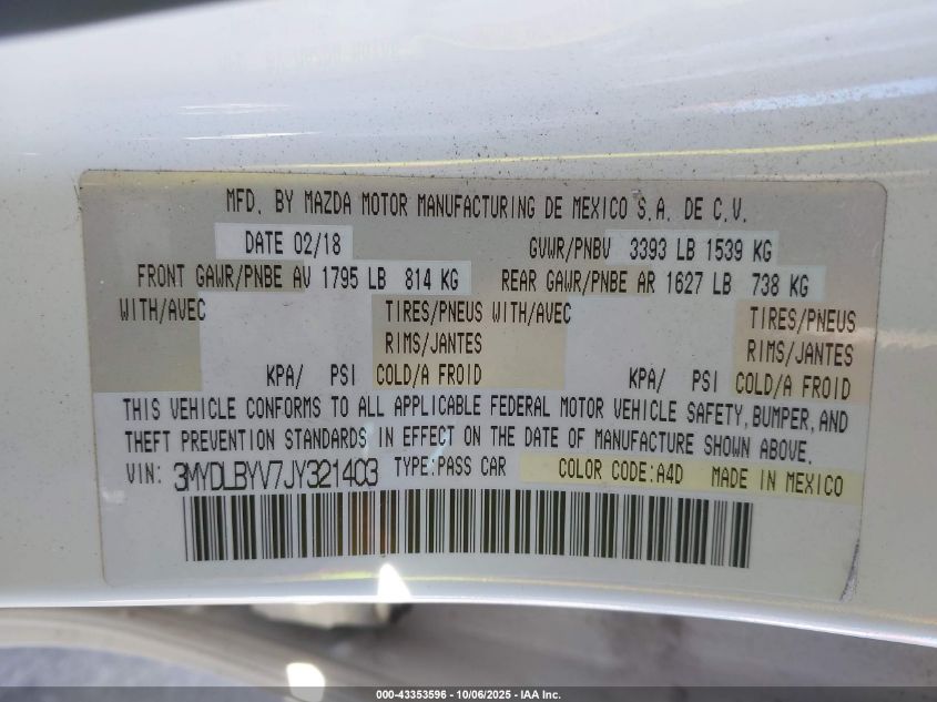 2018 Toyota Yaris Ia VIN: 3MYDLBYV7JY321403 Lot: 43353596
