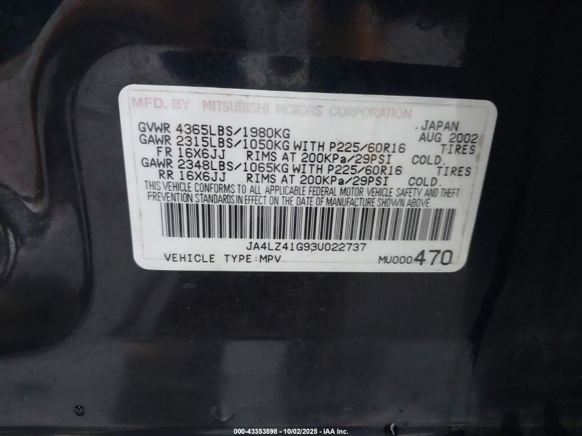 2003 Mitsubishi Outlander Xls VIN: JA4LZ41G93U022737 Lot: 43353598