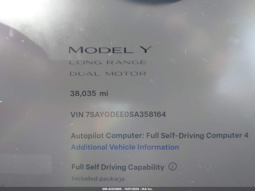 2025 Tesla Model Y Long Range Dual Motor All-Wheel Drive VIN: 7SAYGDEE0SA358164 Lot: 43353600