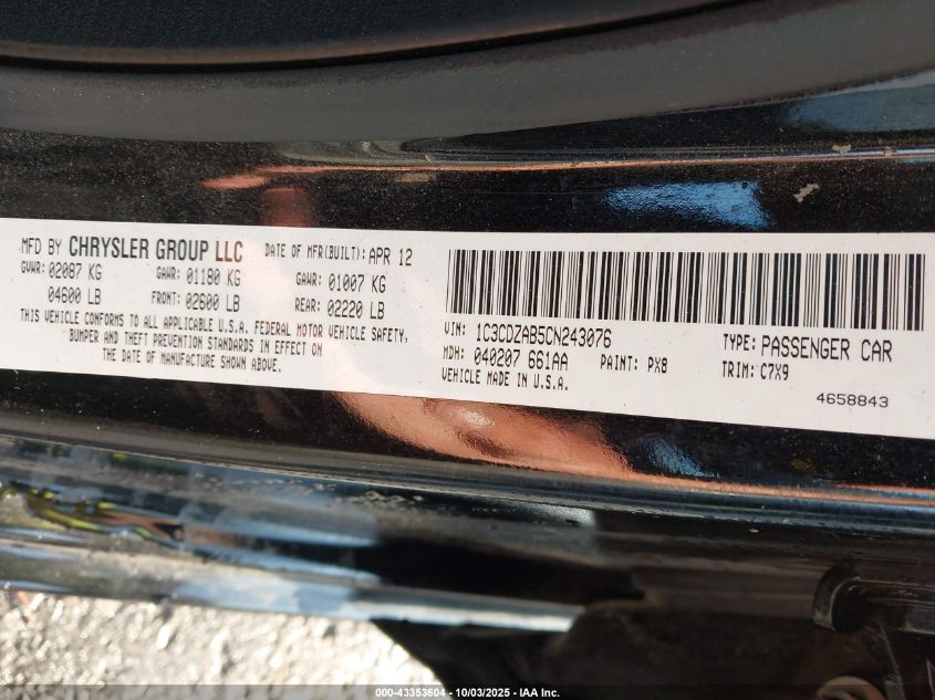 2012 Dodge Avenger Se VIN: 1C3CDZAB5CN243076 Lot: 43353604