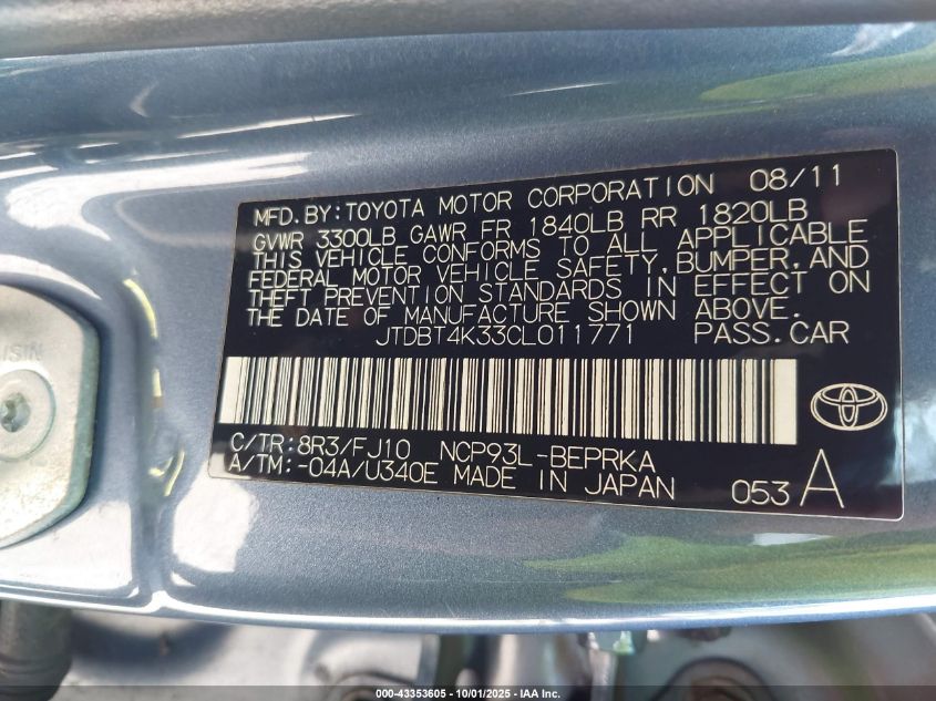 2012 Toyota Yaris VIN: JTDBT4K33CL011771 Lot: 43353605