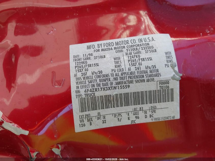 1999 Mazda B4000 Se/Tl VIN: 4F4ZR17X3XTM15559 Lot: 43353621