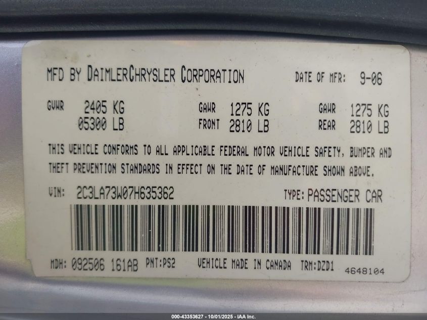 2007 Chrysler 300C Srt8 VIN: 2C3LA73W07H635362 Lot: 43353627