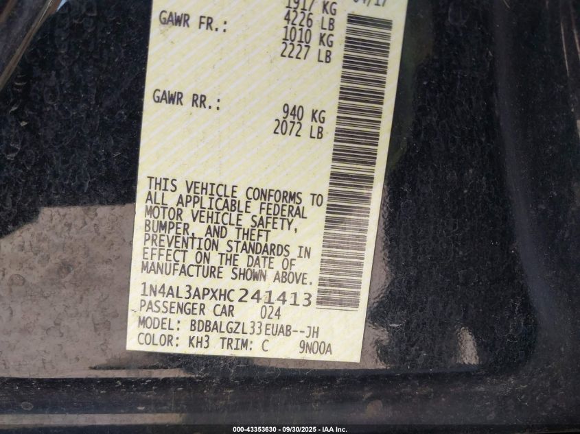 2017 Nissan Altima 2.5 S VIN: 1N4AL3APXHC241413 Lot: 43353630