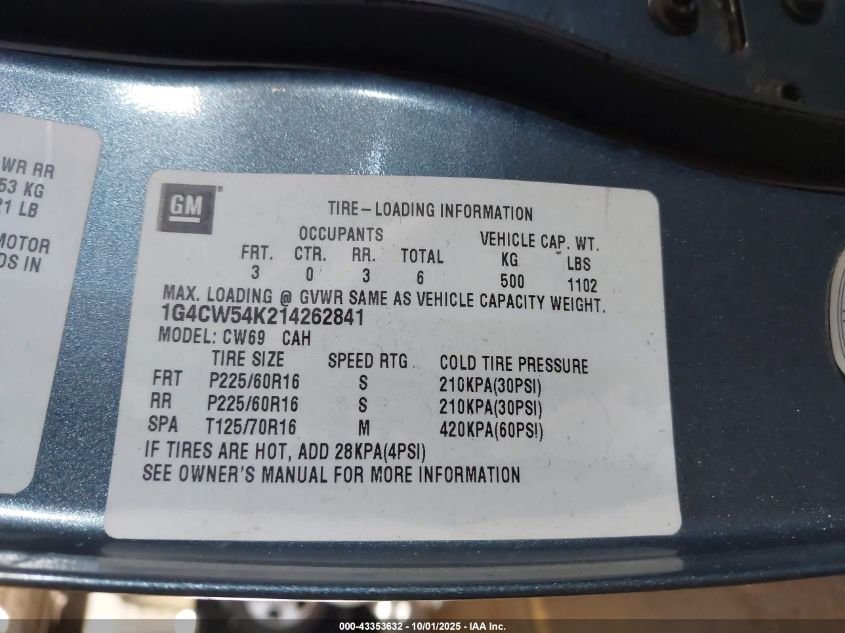 2001 Buick Park Avenue VIN: 1G4CW54K214262841 Lot: 43353632