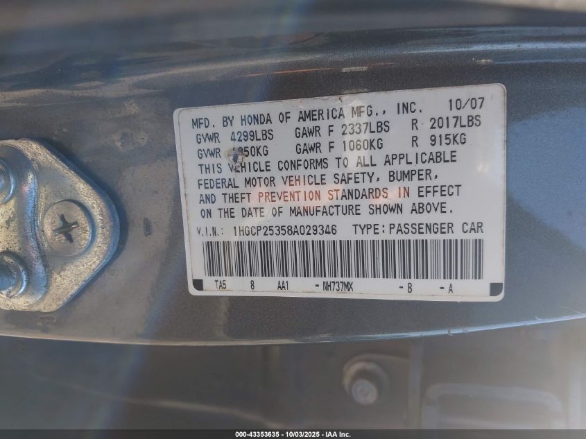 2008 Honda Accord 2.4 Lx VIN: 1HGCP25358A029346 Lot: 43353635