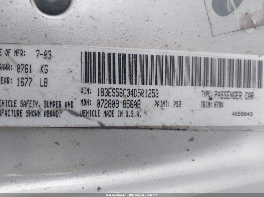 2004 Dodge Neon Sxt VIN: 1B3ES56C34D501253 Lot: 43353637