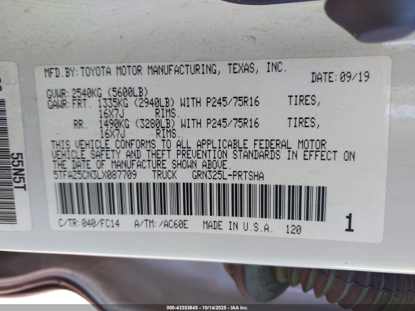 2020 Toyota Tacoma Sr5 V6 VIN: 5TFAZ5CN3LX087709 Lot: 43353645