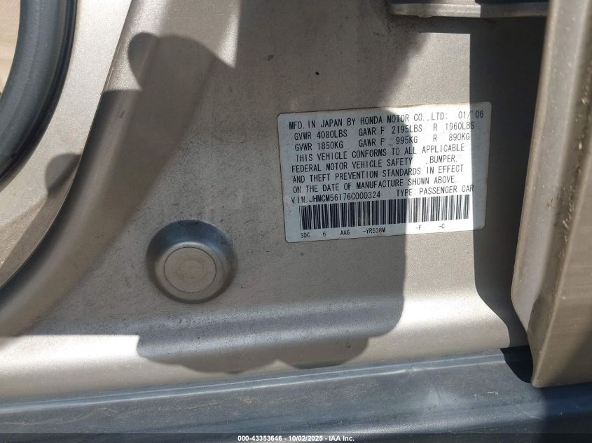 2006 Honda Accord 2.4 Vp VIN: JHMCM56176C000324 Lot: 43353646