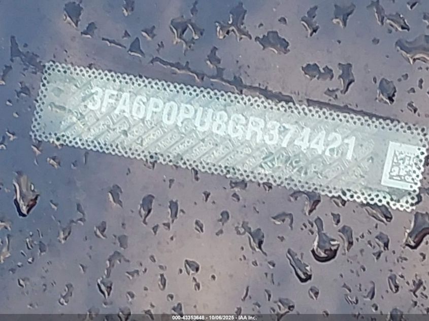 2016 Ford Fusion Energi Se Luxury VIN: 3FA6P0PU8GR374421 Lot: 43353648