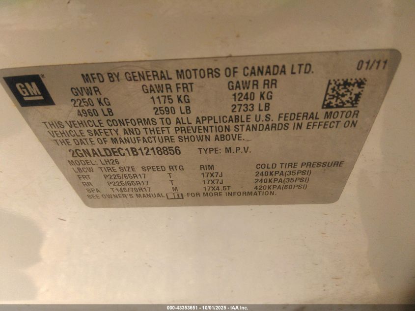 2011 Chevrolet Equinox 1Lt VIN: 2GNALDEC1B1218856 Lot: 43353651