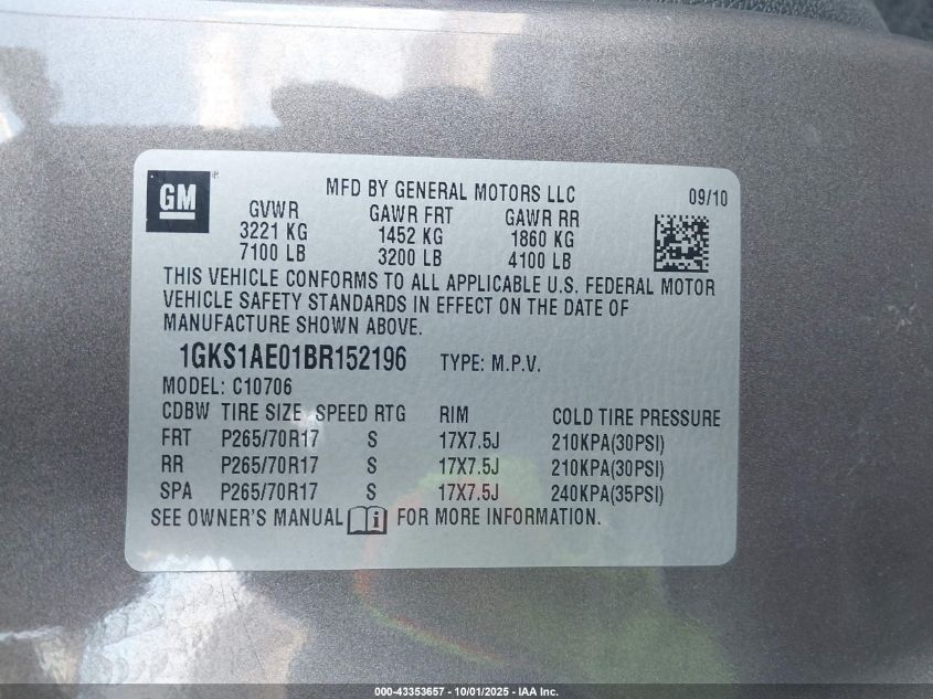 2011 GMC Yukon Sle VIN: 1GKS1AE01BR152196 Lot: 43353657