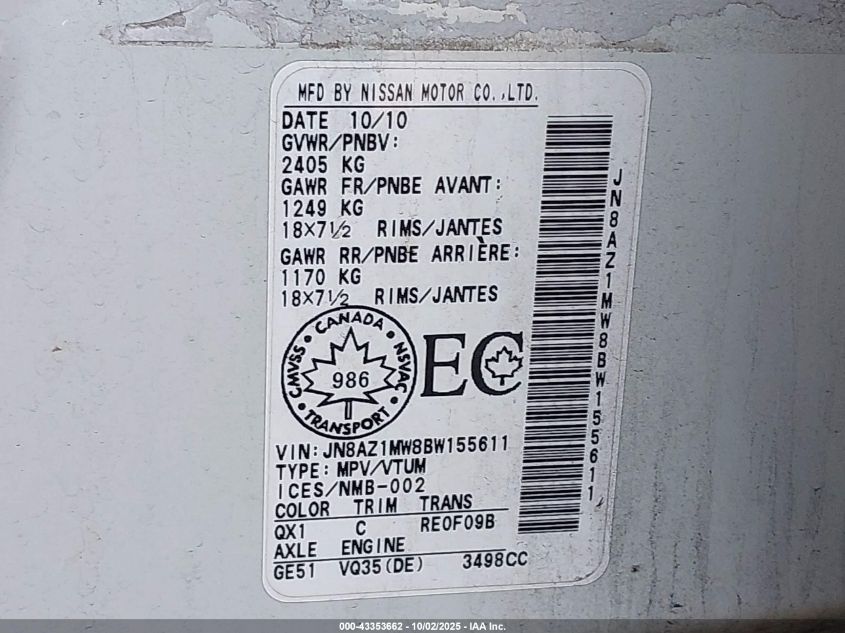 2011 Nissan Murano Sl VIN: JN8AZ1MW8BW155611 Lot: 43353662