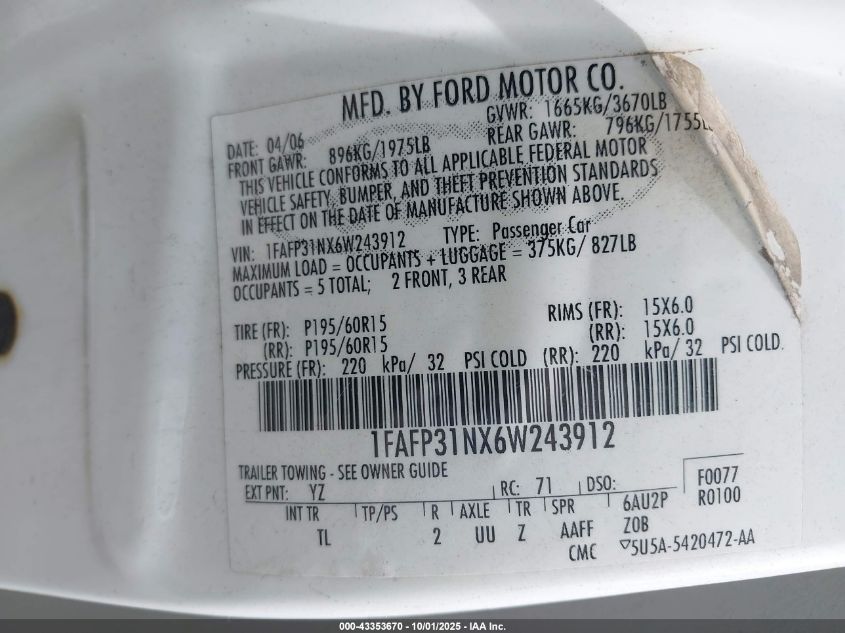 2006 Ford Focus Zx3 VIN: 1FAFP31NX6W243912 Lot: 43353670