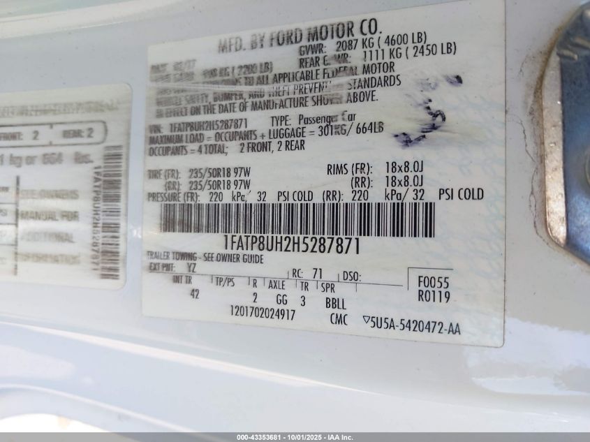 2017 Ford Mustang Ecoboost Premium VIN: 1FATP8UH2H5287871 Lot: 43353681