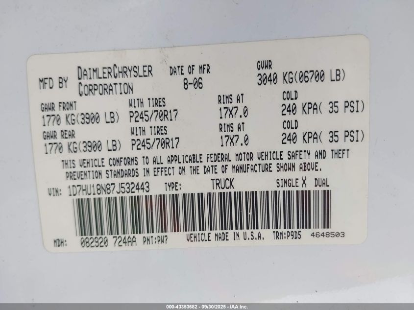2007 Dodge Ram 1500 St VIN: 1D7HU18N87J532443 Lot: 43353682