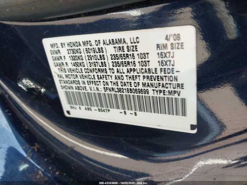 2008 Honda Odyssey Lx VIN: 5FNRL38218B069699 Lot: 43353686