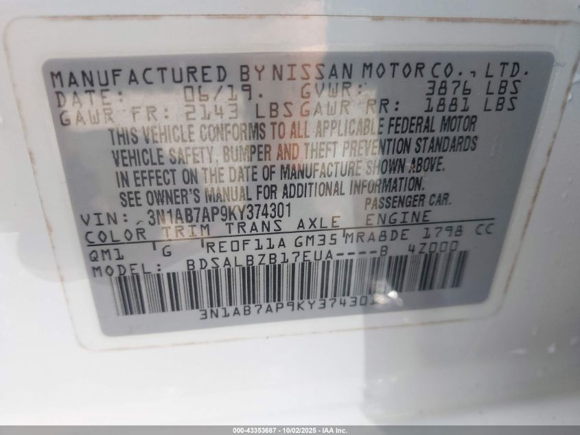 2019 Nissan Sentra S VIN: 3N1AB7AP9KY374301 Lot: 43353687