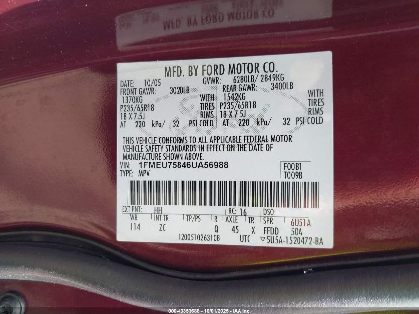 2006 Ford Explorer Limited VIN: 1FMEU75846UA56988 Lot: 43353688