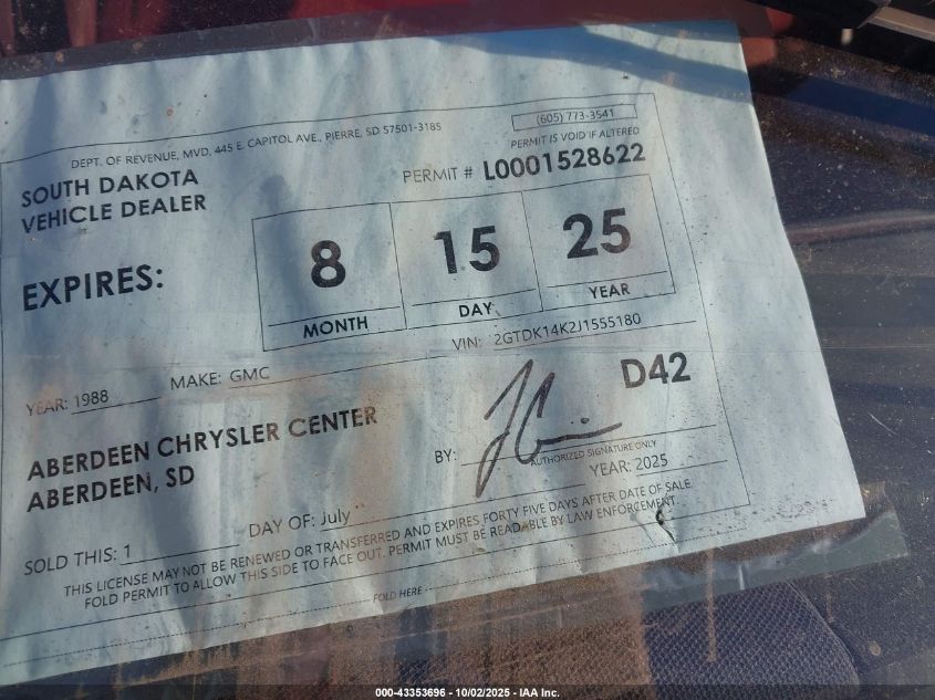1988 GMC Gmt-400 K1500 VIN: 2GTDK14K2J1555180 Lot: 43353696