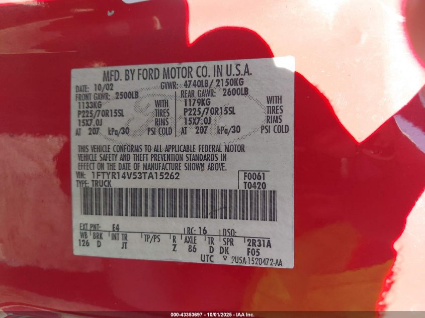 2003 Ford Ranger Edge/Tremor/Xl/Xlt VIN: 1FTYR14V53TA15262 Lot: 43353697