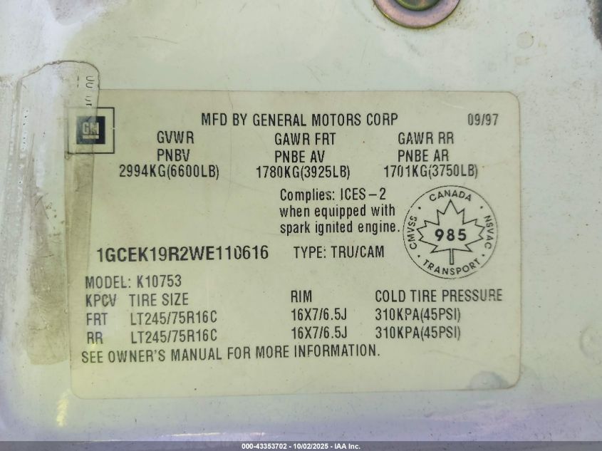 1998 Chevrolet K1500 Fleetside/Silverado Fleetside/Sportside VIN: 1GCEK19R2WE110616 Lot: 43353702