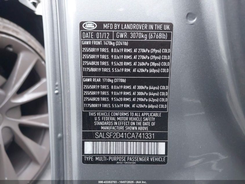 2012 Land Rover Range Rover Sport Hse VIN: SALSF2D41CA741331 Lot: 43353703