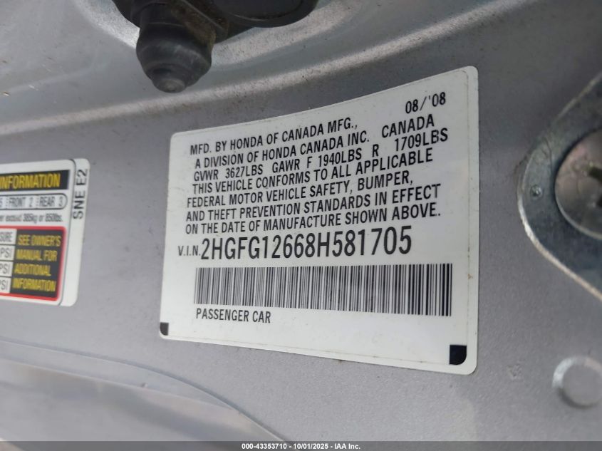 2008 Honda Civic Lx VIN: 2HGFG12668H581705 Lot: 43353710