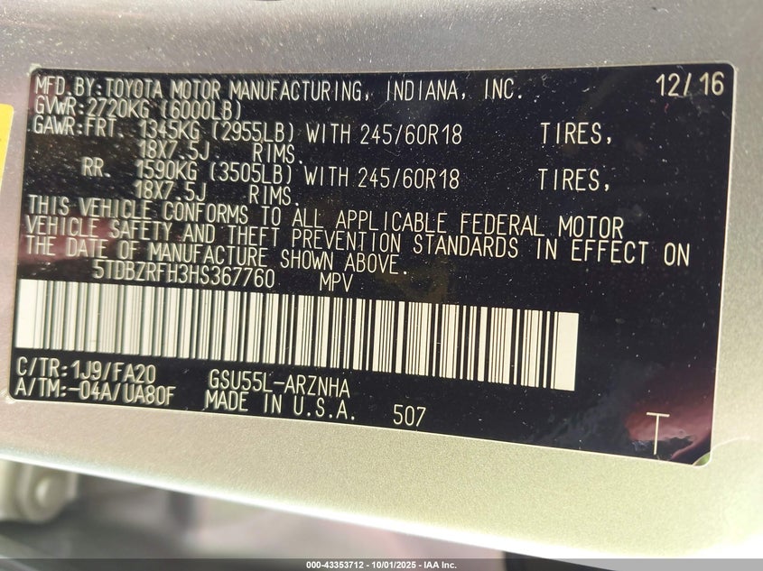 2017 TOYOTA HIGHLANDER LE PLUS - 5TDBZRFH3HS367760