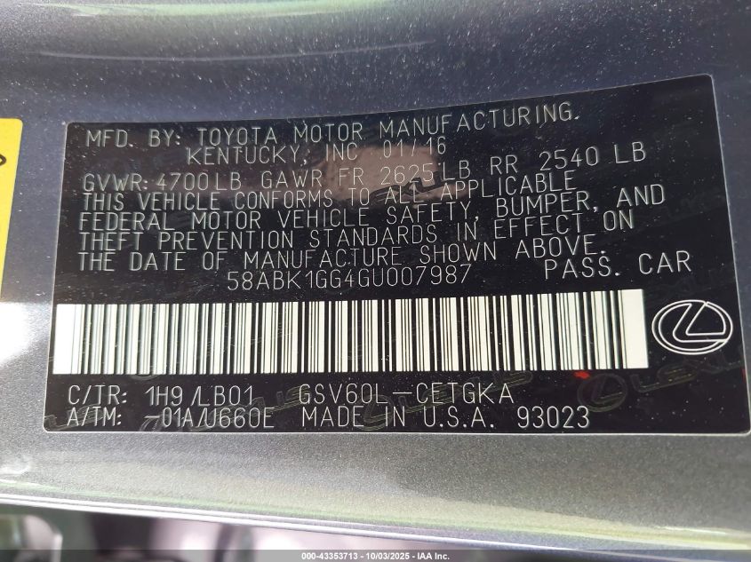 2016 Lexus Es 350 VIN: 58ABK1GG4GU007987 Lot: 43353713