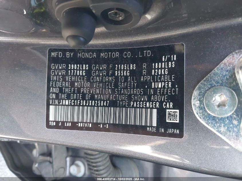 2018 Honda Civic Ex-T VIN: JHMFC1F36JX025047 Lot: 43353714