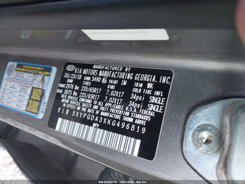 2019 Kia Sorento 2.4L Lx VIN: 5XYPGDA3XKG496819 Lot: 43353716