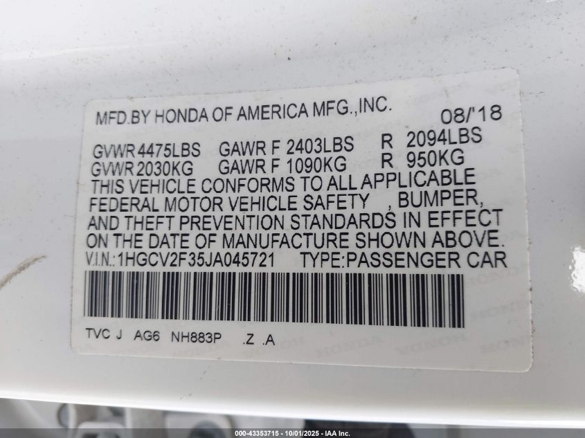 2018 Honda Accord Sport VIN: 1HGCV2F35JA045721 Lot: 43353715